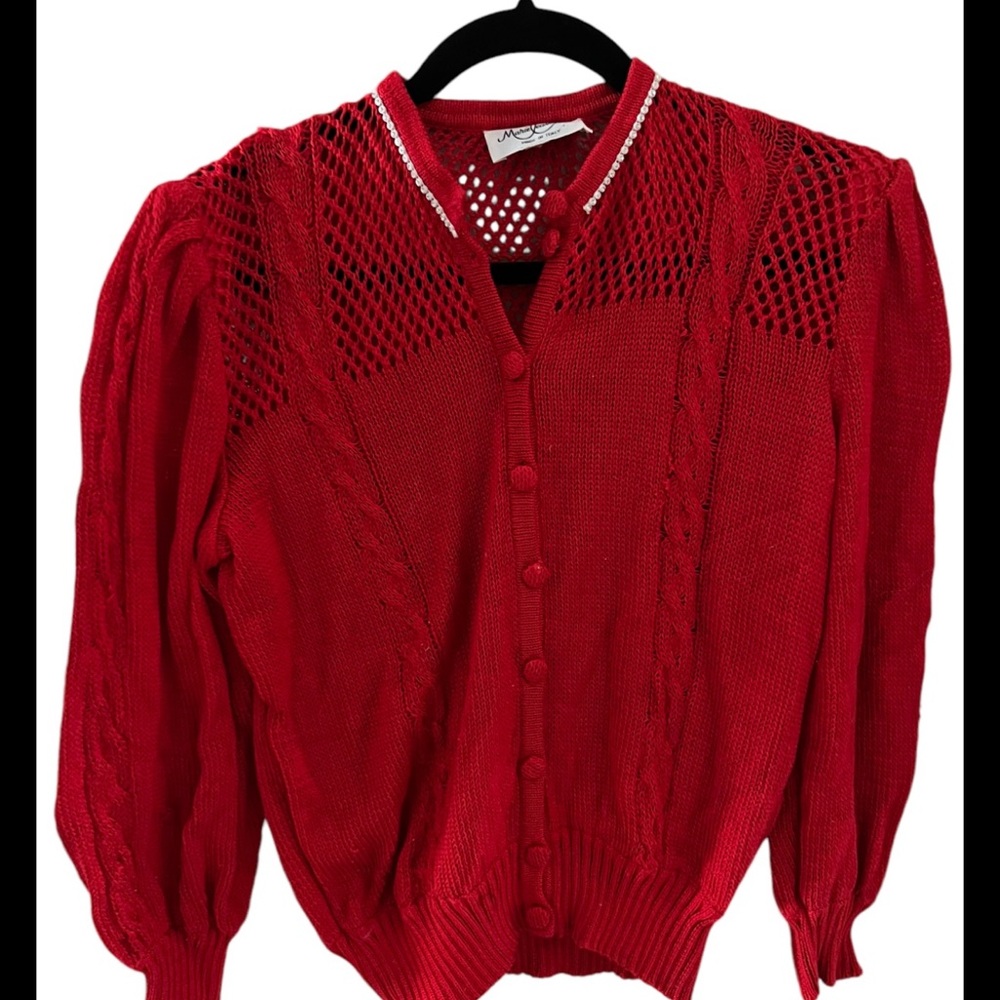Vintage Marie Leavell Italy Red Cardigan With Rhinestone Trim Sz Medium